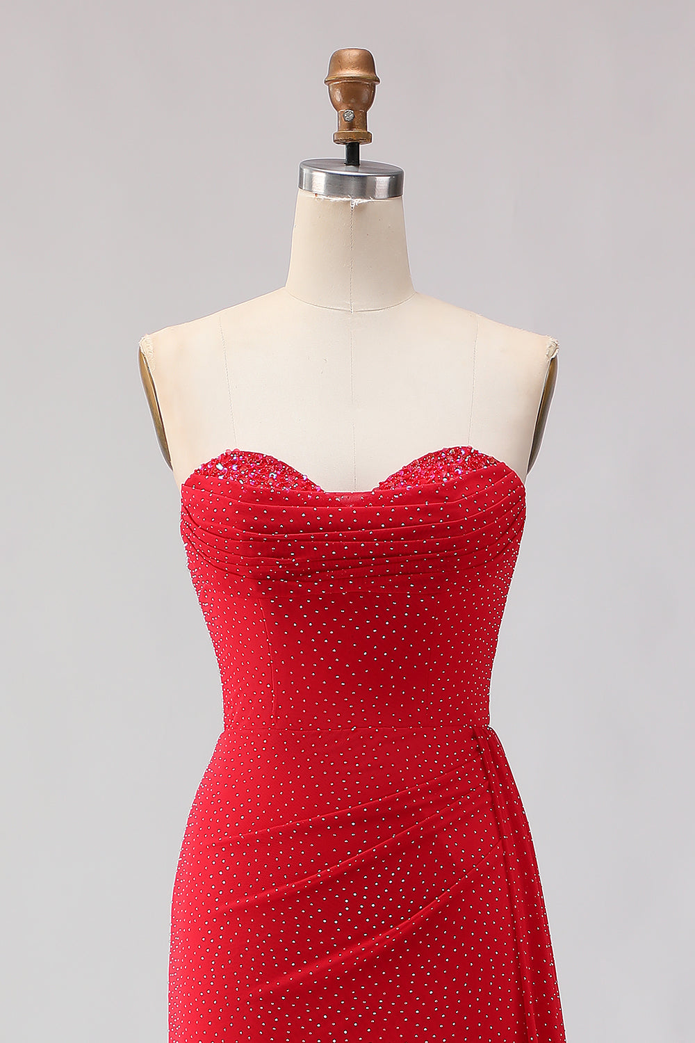 Red Mermaid Strapless Beaded Satin Long Prom Dress with Slit