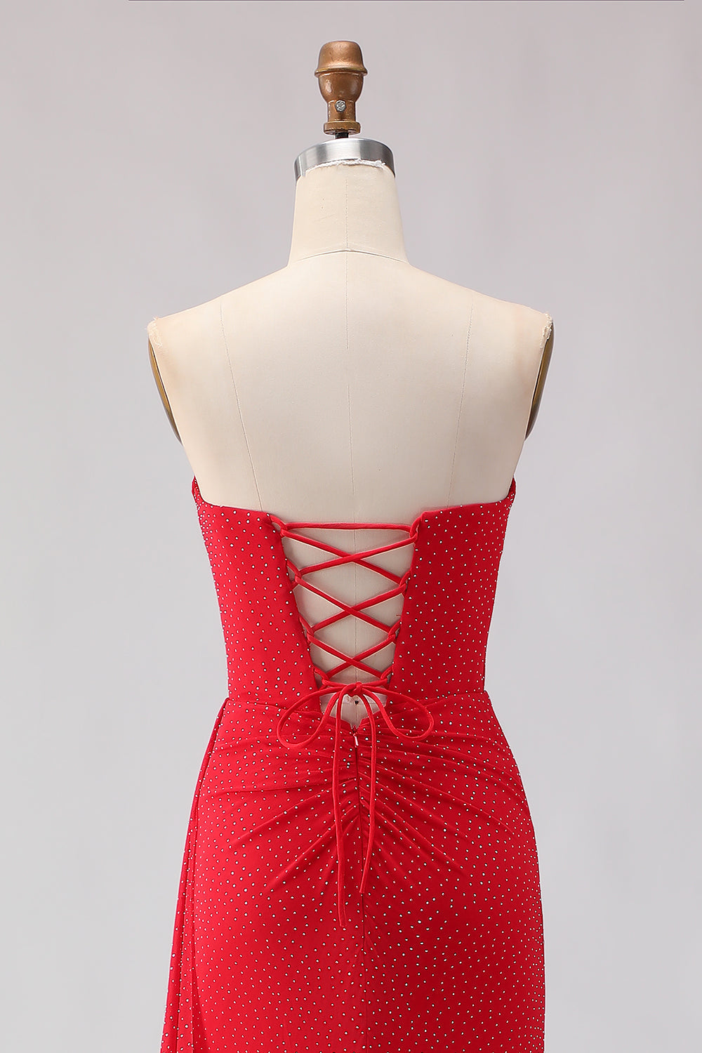 Red Mermaid Strapless Beaded Satin Long Prom Dress with Slit