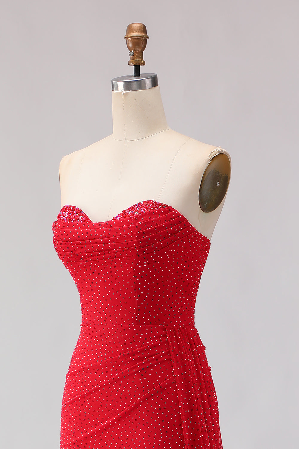 Red Mermaid Strapless Beaded Satin Long Prom Dress with Slit