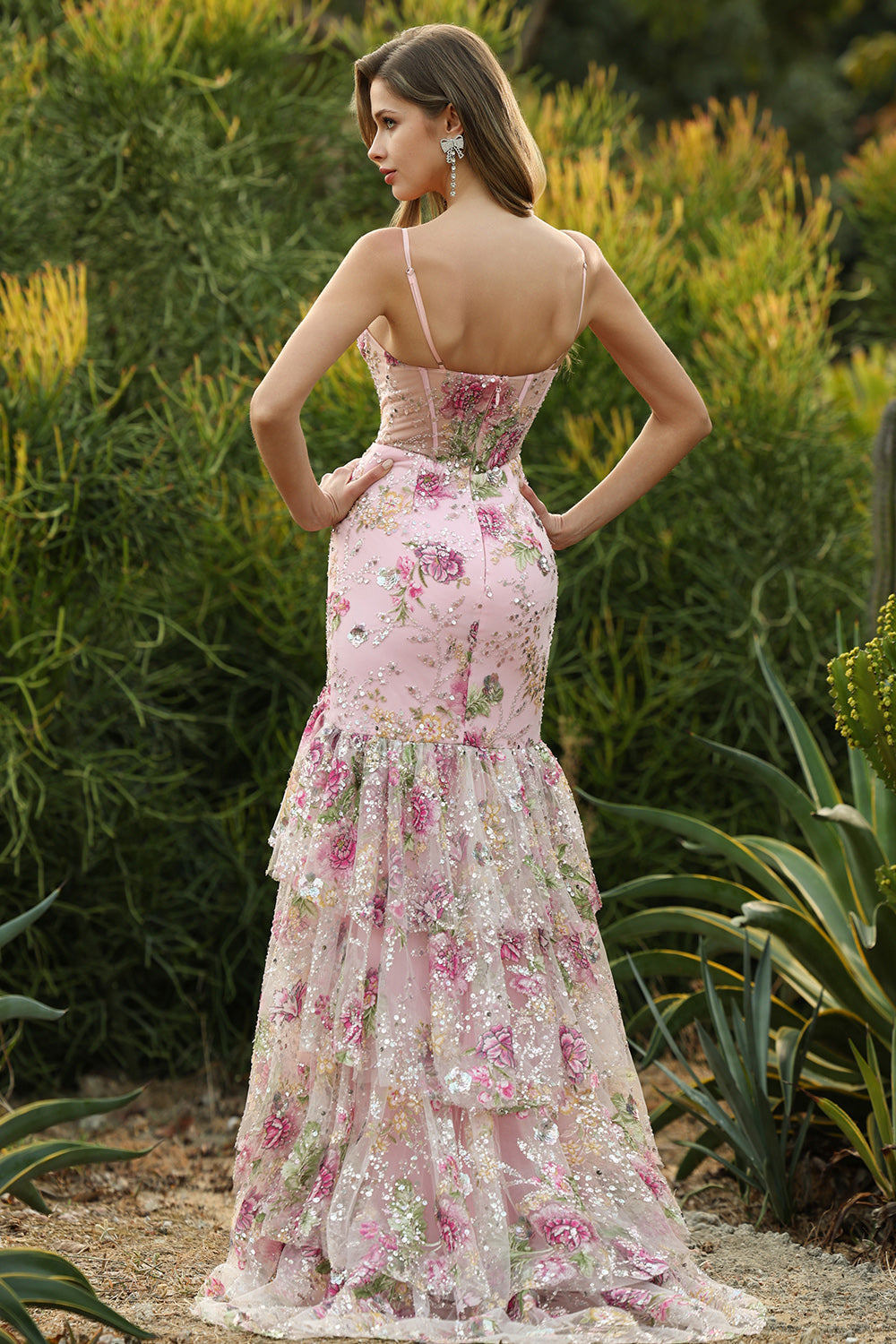 Blue Floral Tiered Ruffle Mermaid Sequin Long Prom Dress with Slit