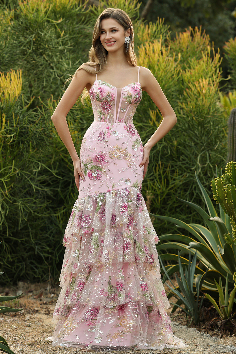 Pink Mermaid Tiered Ruffle Sequin Long Floral Prom Dress with Slit