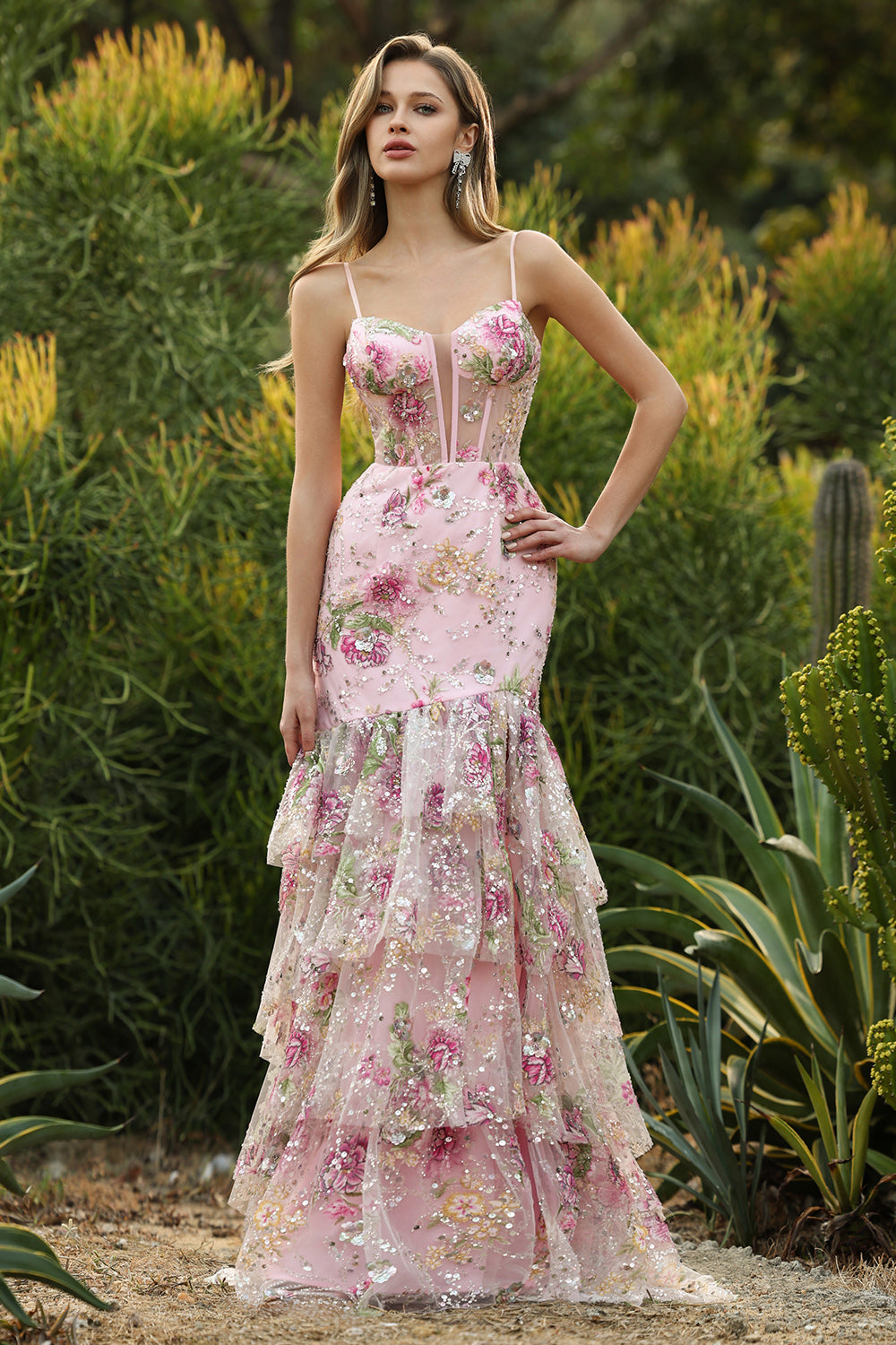 Blue Floral Tiered Ruffle Mermaid Sequin Long Prom Dress with Slit