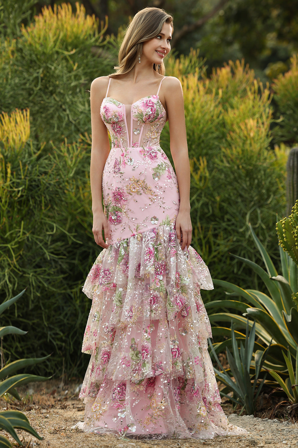 Blue Floral Tiered Ruffle Mermaid Sequin Long Prom Dress with Slit