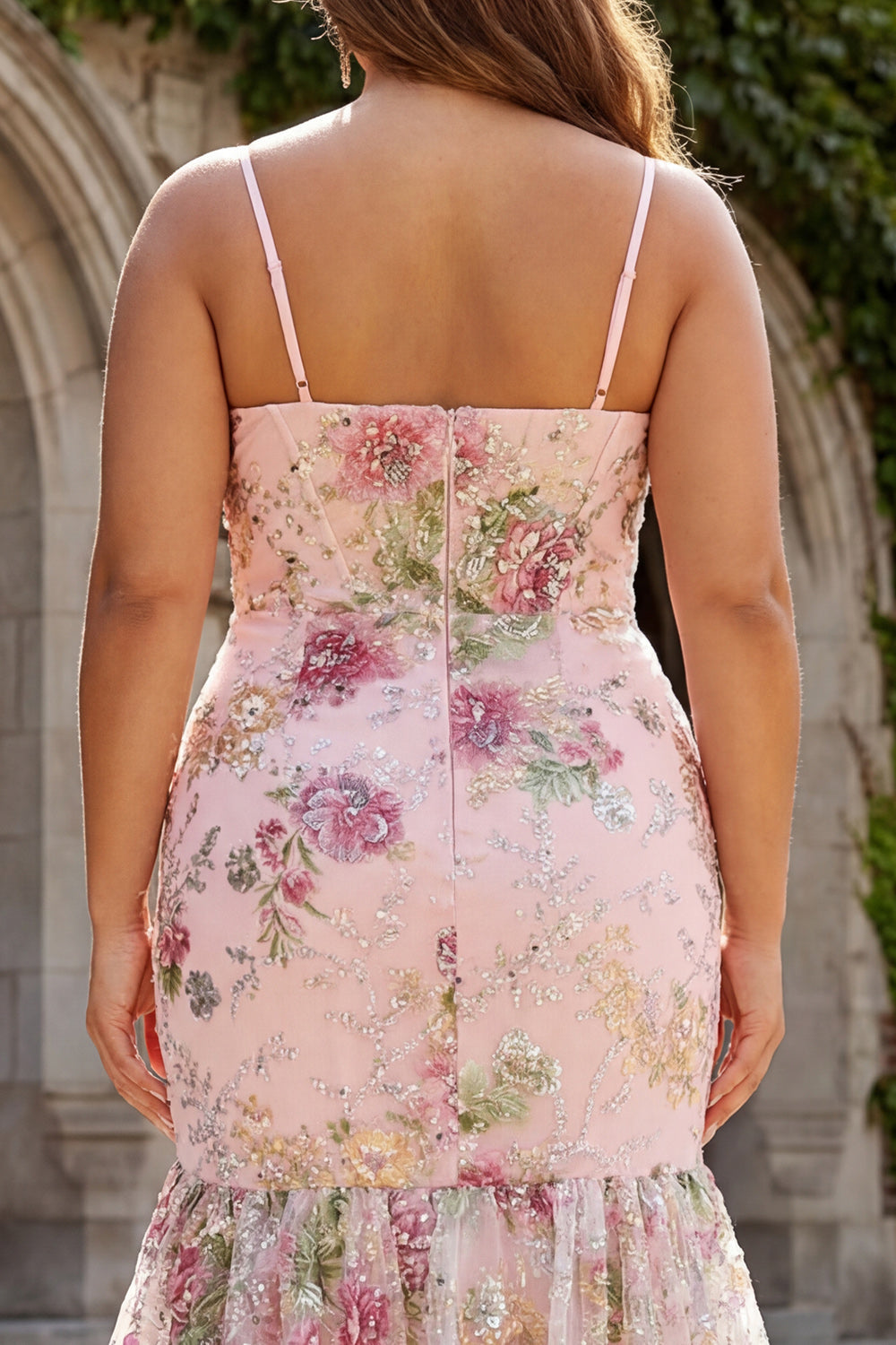Pink Floral Mermaid Tiered Ruffled Sequin Long Plus Size Prom Dress with Slit