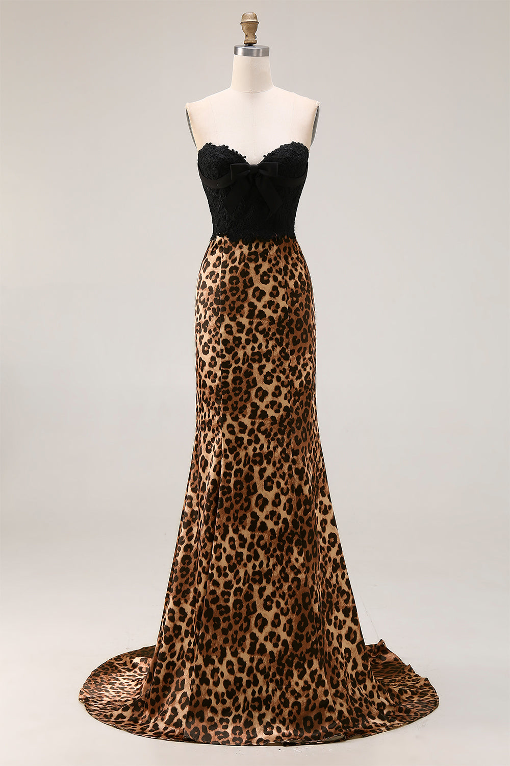 Brown Leopard Mermaid Sweetheart Lace Applique Long Prom Dress with Bow