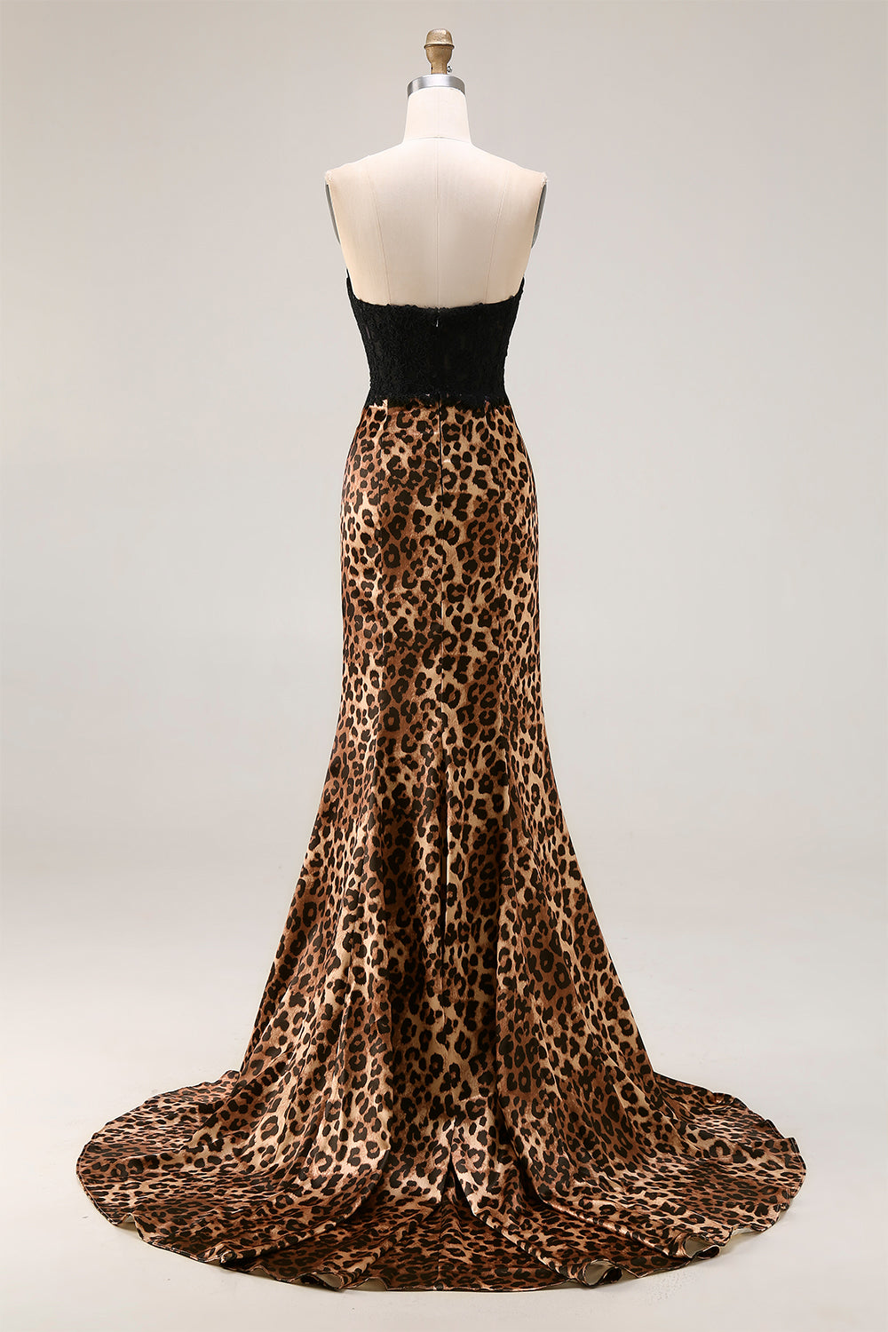 Brown Leopard Mermaid Sweetheart Lace Applique Long Prom Dress with Bow