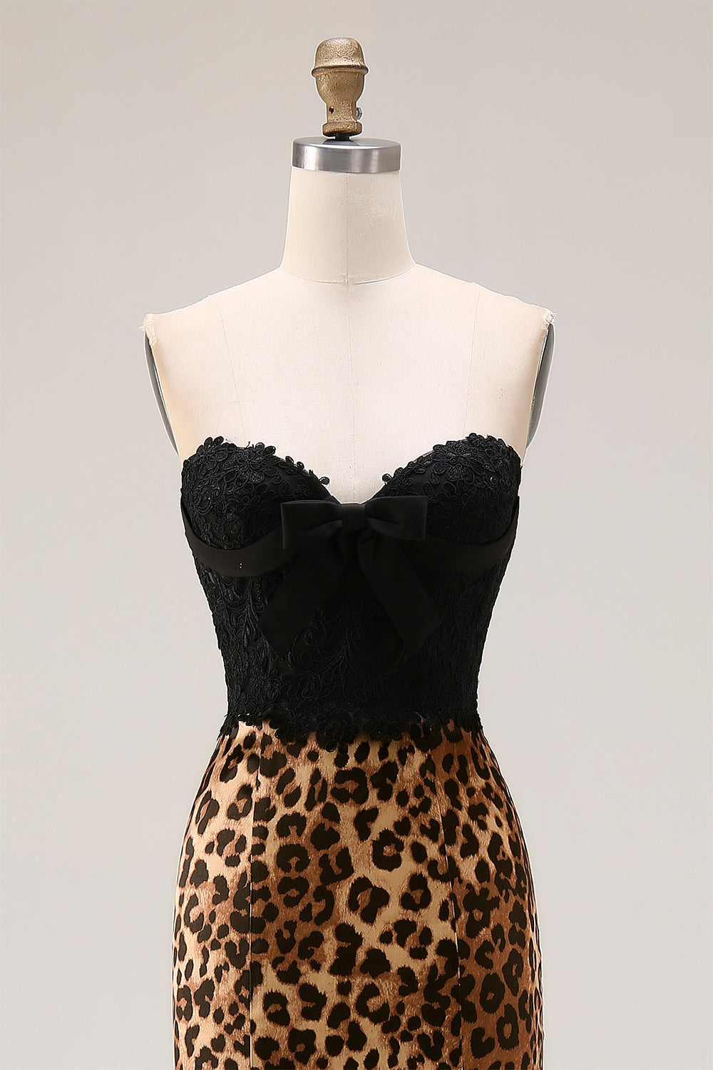 Brown Leopard Mermaid Sweetheart Lace Applique Long Prom Dress with Bow