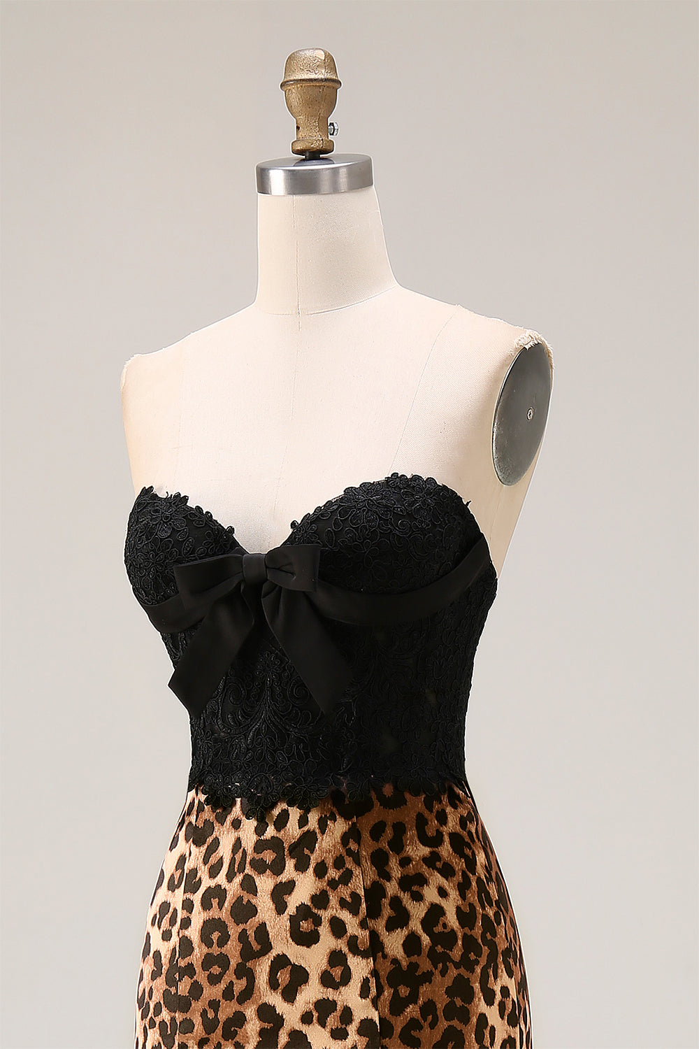 Brown Leopard Mermaid Sweetheart Lace Applique Long Prom Dress with Bow