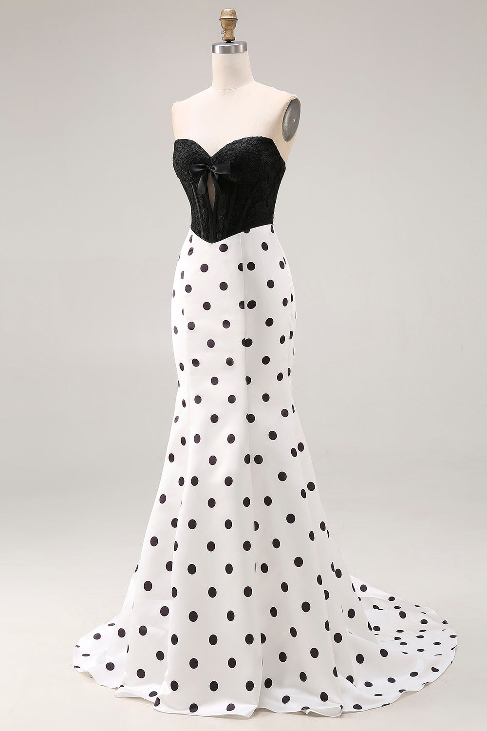 Black White Mermaid Cut Out Satin Long Polka Dots Dress with Bow