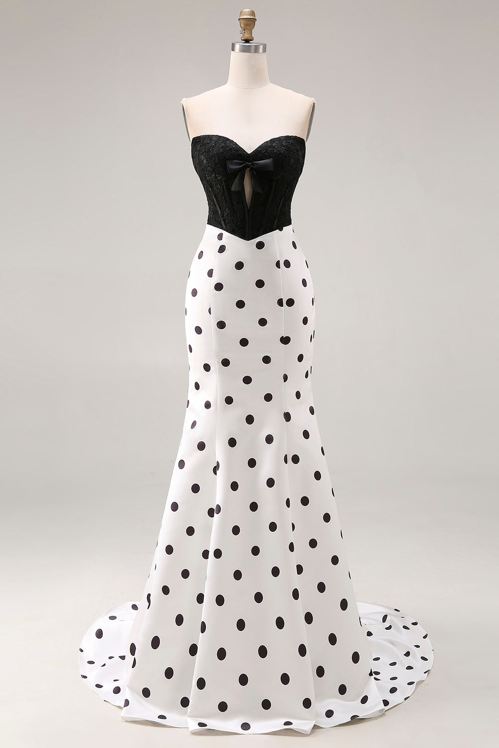 Black and White Polka Dots Sweetheart Mermaid Long Corset Prom Dress