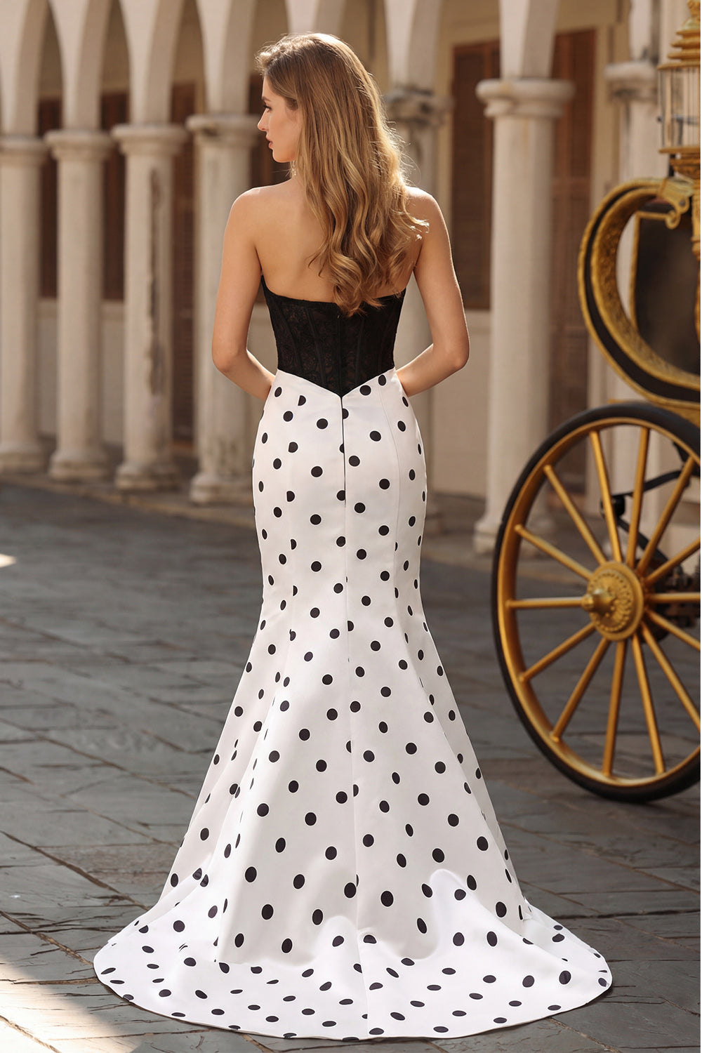 Black and White Polka Dots Sweetheart Mermaid Long Corset Prom Dress