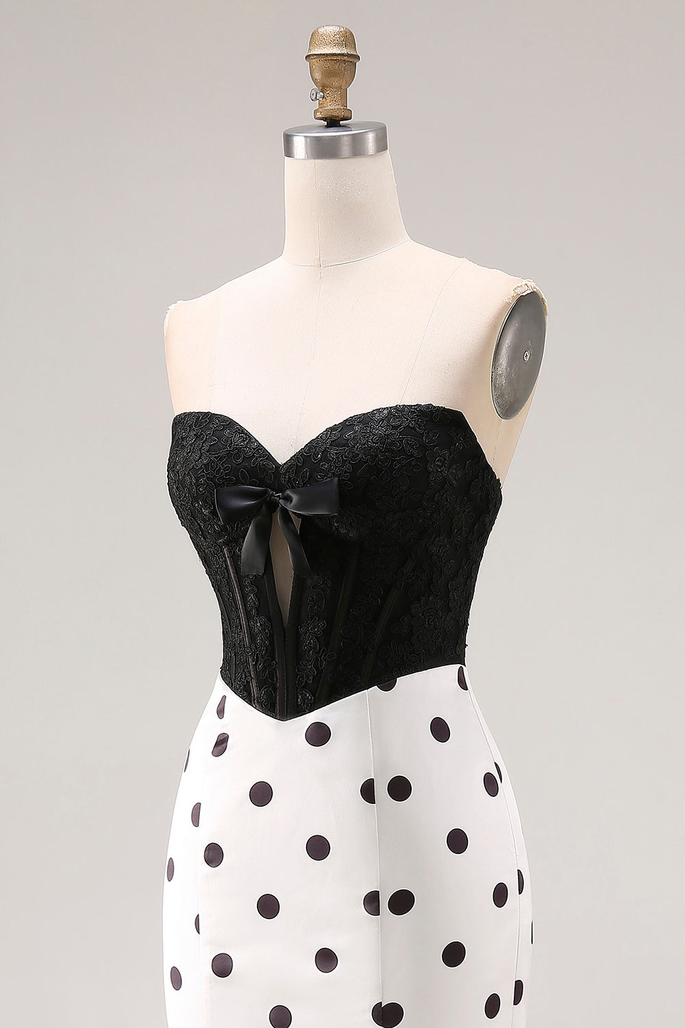 Black and White Polka Dots Sweetheart Mermaid Long Corset Prom Dress