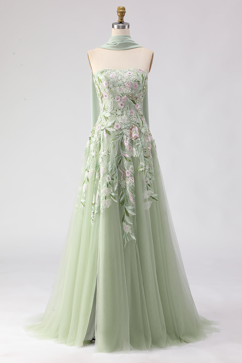 Robe de bal longue sans bretelles en ligne A couleur sauge poussiéreuse avec paillettes brodées et fente