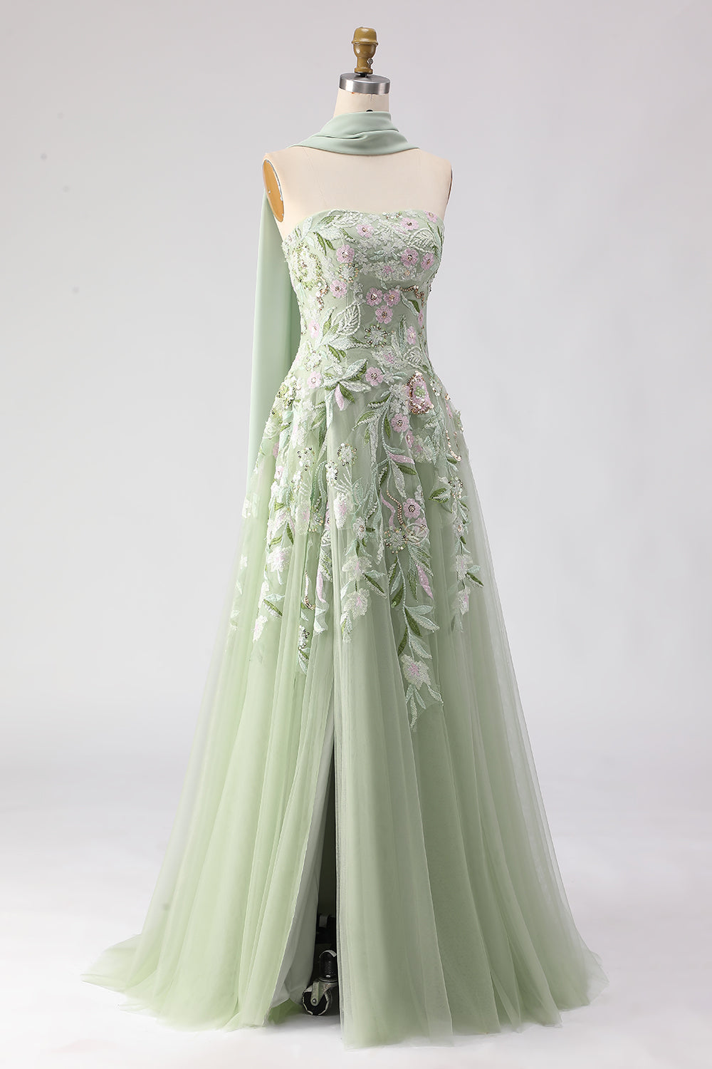 Robe de bal longue sans bretelles en ligne A couleur sauge poussiéreuse avec paillettes brodées et fente