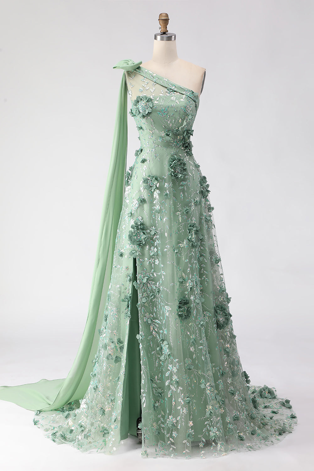 Eucalyptus One Shoulder A-Line Sequins 3D Flowers Long Prom Dress with Slit