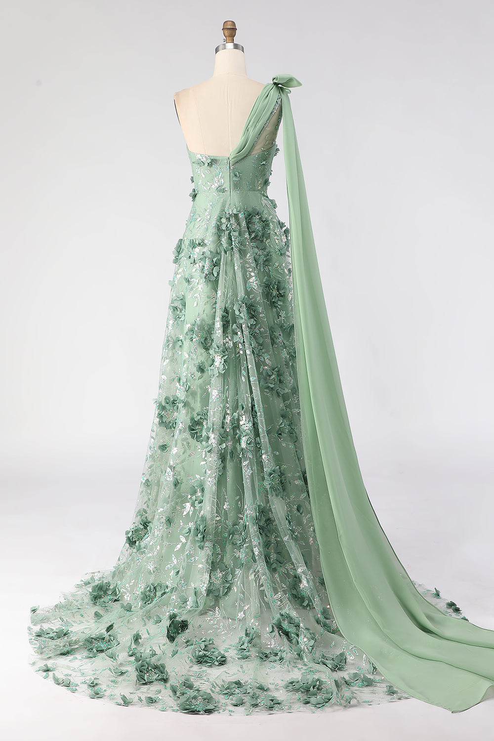 Eucalyptus One Shoulder A-Line Sequins 3D Flowers Long Prom Dress with Slit