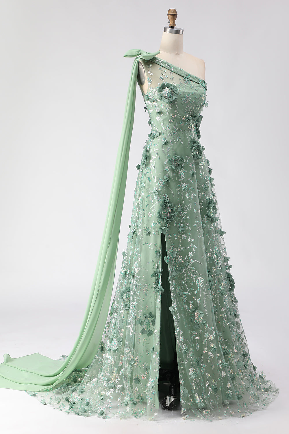 Eucalyptus One Shoulder A-Line Sequins 3D Flowers Long Prom Dress with Slit