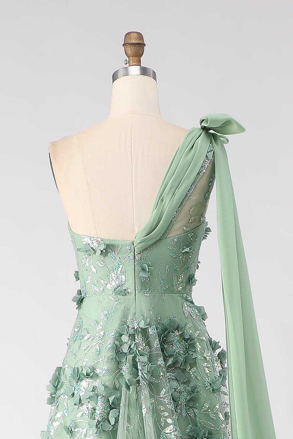 Eucalyptus One Shoulder A-Line Sequins 3D Flowers Long Prom Dress with Slit