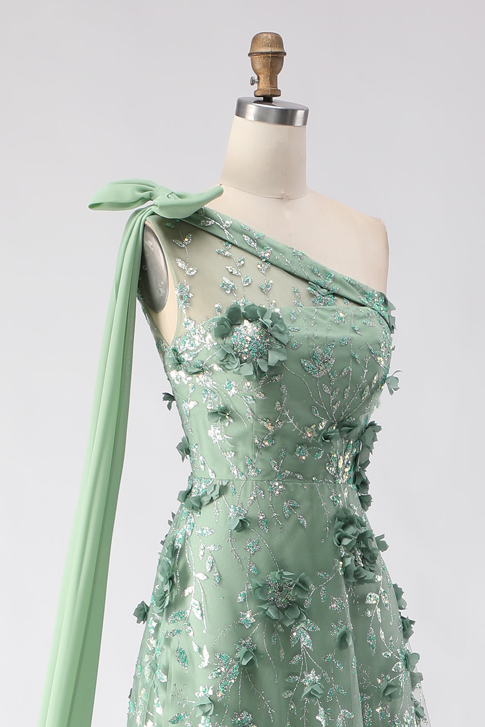Eucalyptus One Shoulder A-Line Sequins 3D Flowers Long Prom Dress with Slit
