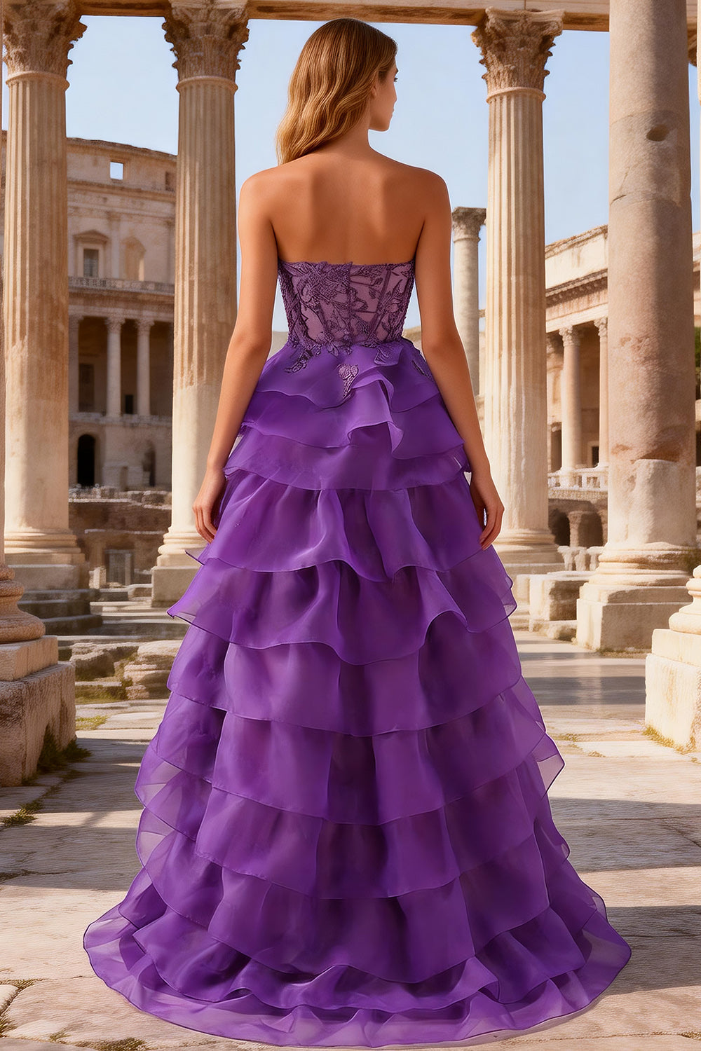 Robe de soirée longue violette trapèze cœur bustier transparent à volants avec fente