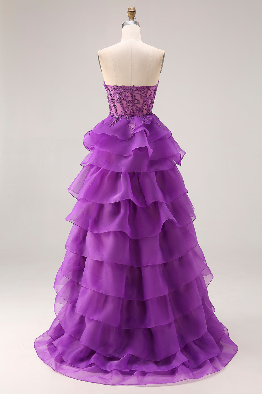 Robe de soirée longue violette trapèze cœur bustier transparent à volants avec fente