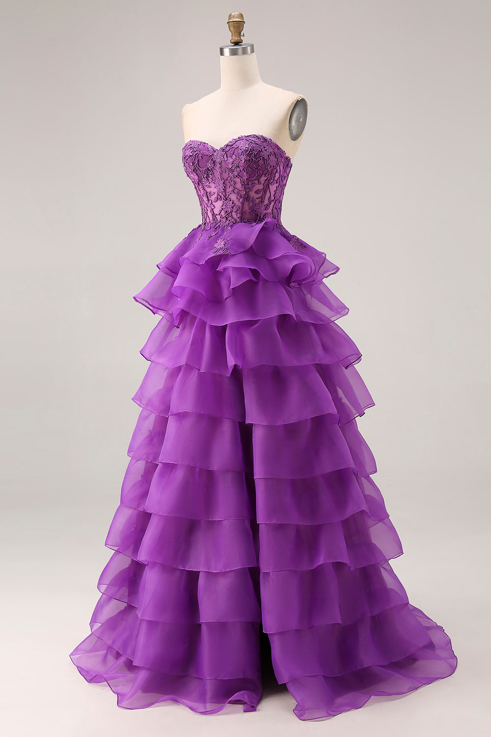 Robe de soirée longue violette trapèze cœur bustier transparent à volants avec fente