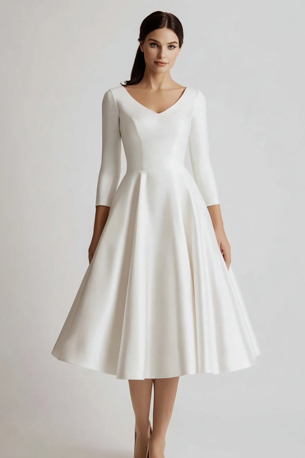 White Satin A Line V-Neck Midi Engagement Dress with 3/4 Sleeves