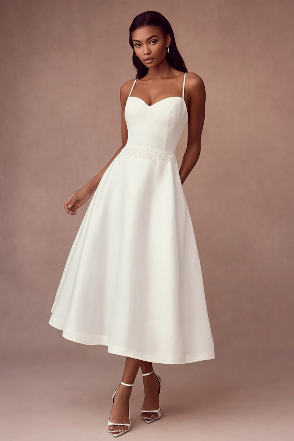 Simple White A-Line Satin Spaghetti Strap Wedding Dress