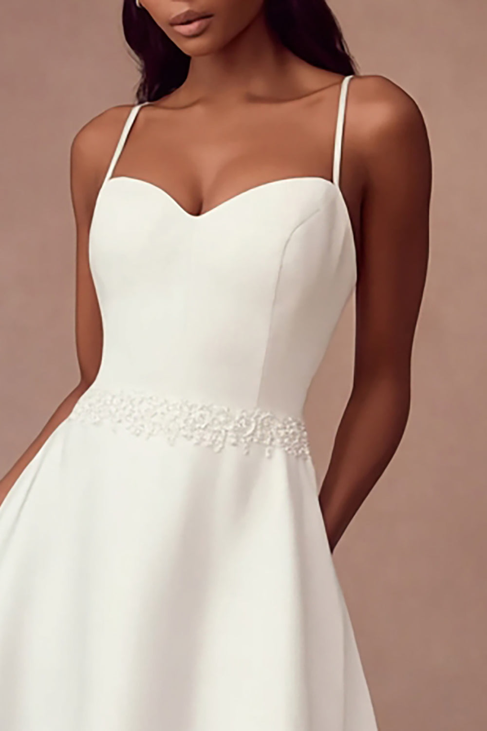 Simple White A-Line Satin Spaghetti Strap Wedding Dress