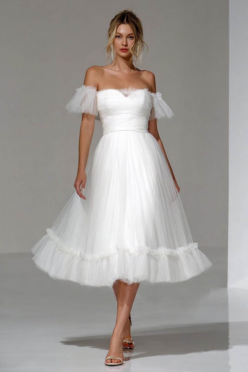 White Off-the-Shoulder Tulle Midi Rehearsal Dinner Dress
