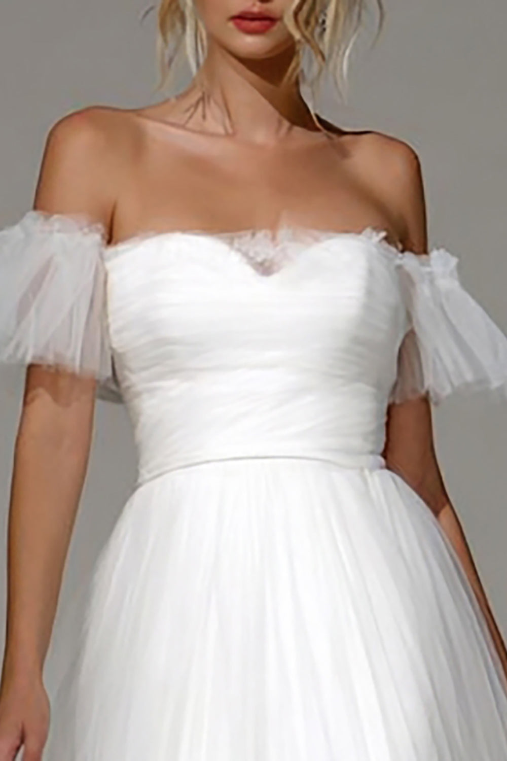 White Off-the-Shoulder Tulle Midi Rehearsal Dinner Dress