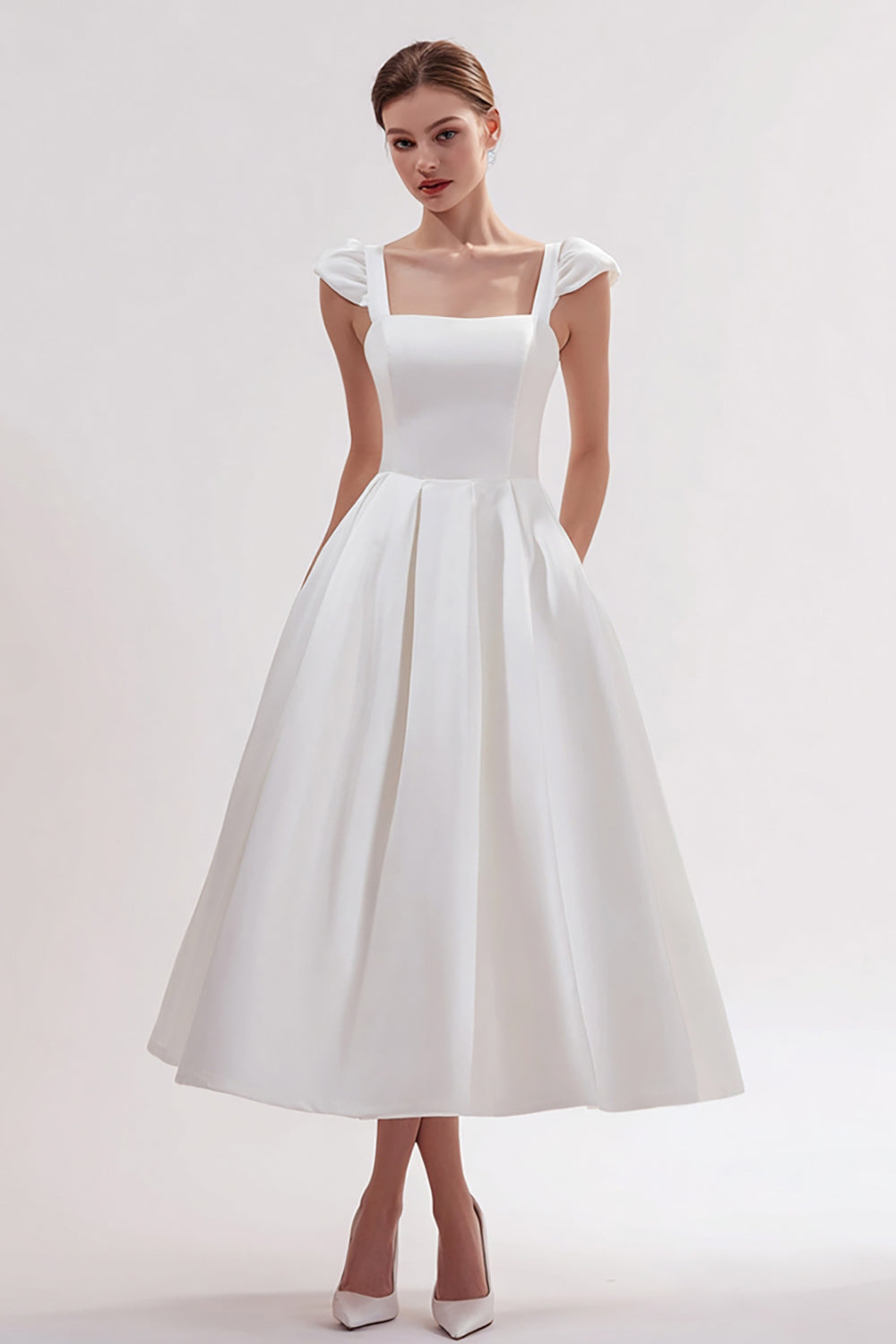 White Satin Square Neck Long Engagement Dress with Pockets