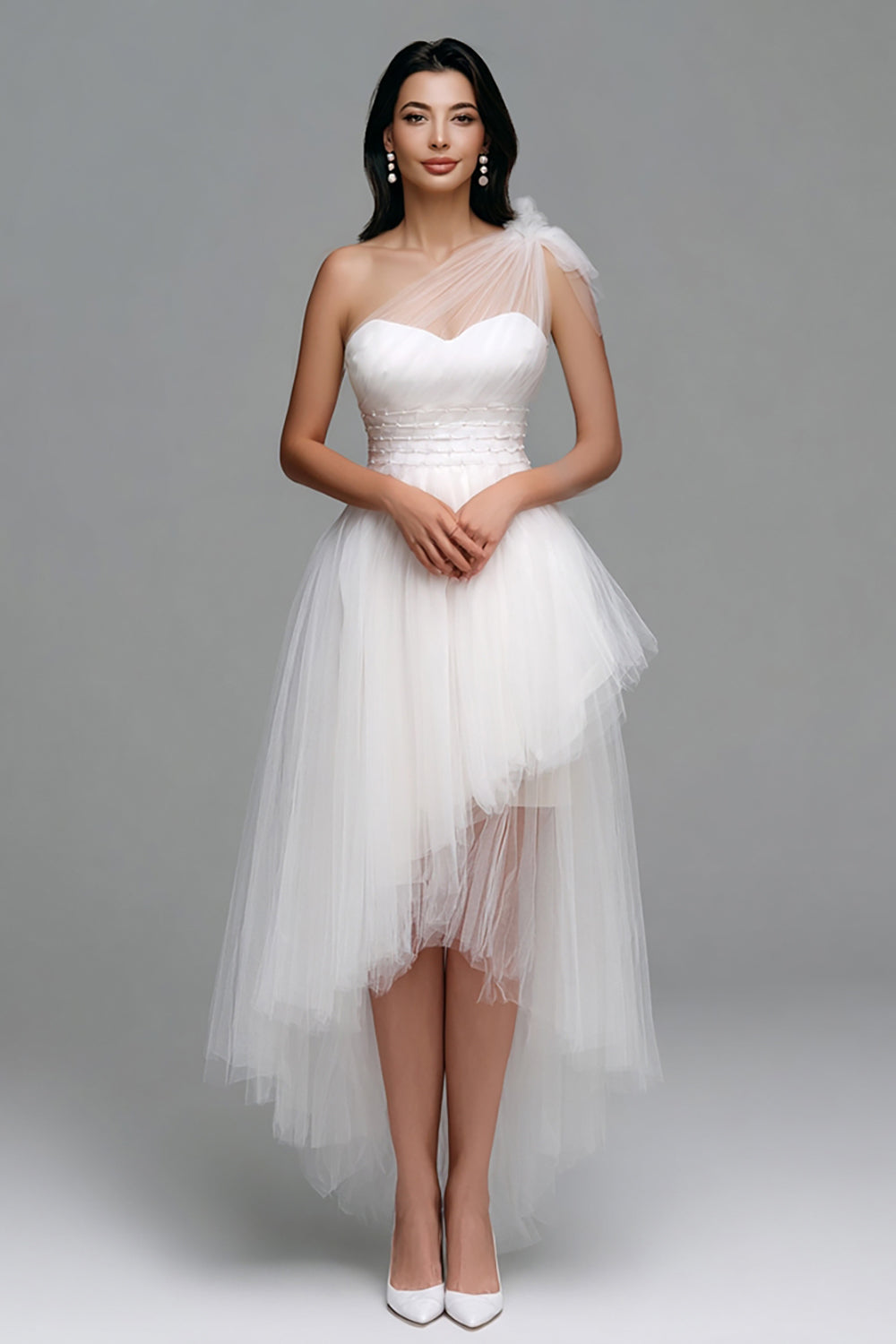 White One Shoulder Tulle High Low Engagement Dress