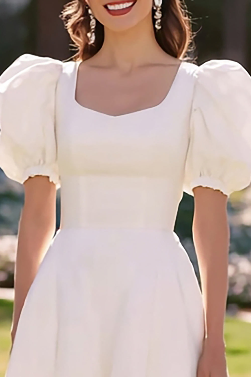 White A Line Satin Midi Engagement Dress with Puff Sleeves