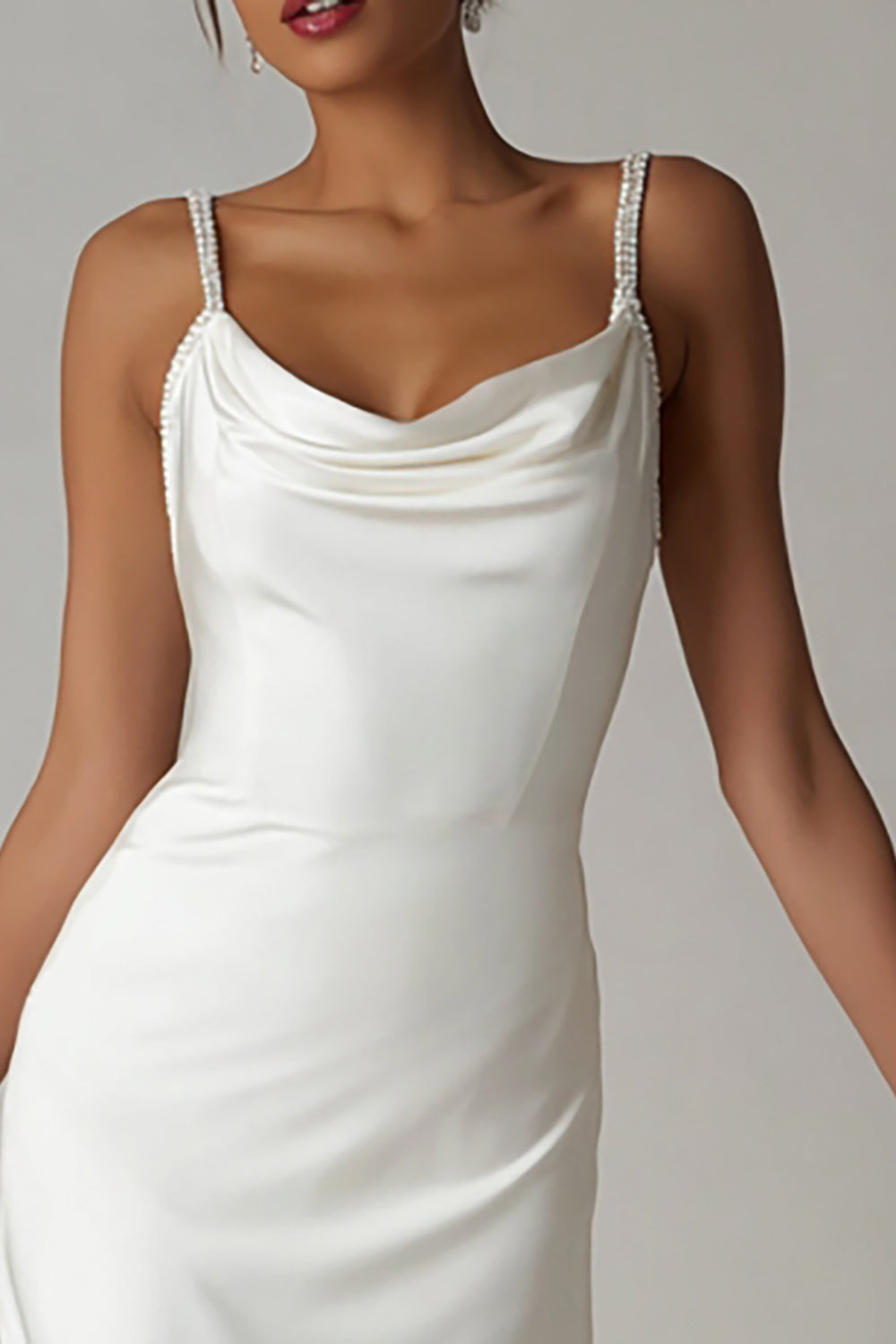 White Cowl Neck Satin High-Low Rehearsal Dinner Dress