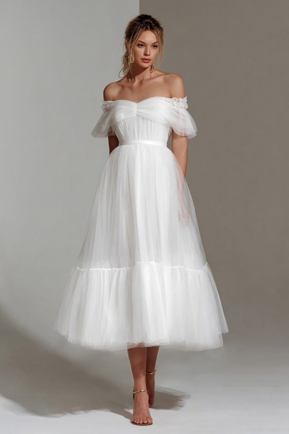 White Off-the-Shoulder A-Line Midi Courthouse Wedding Dress