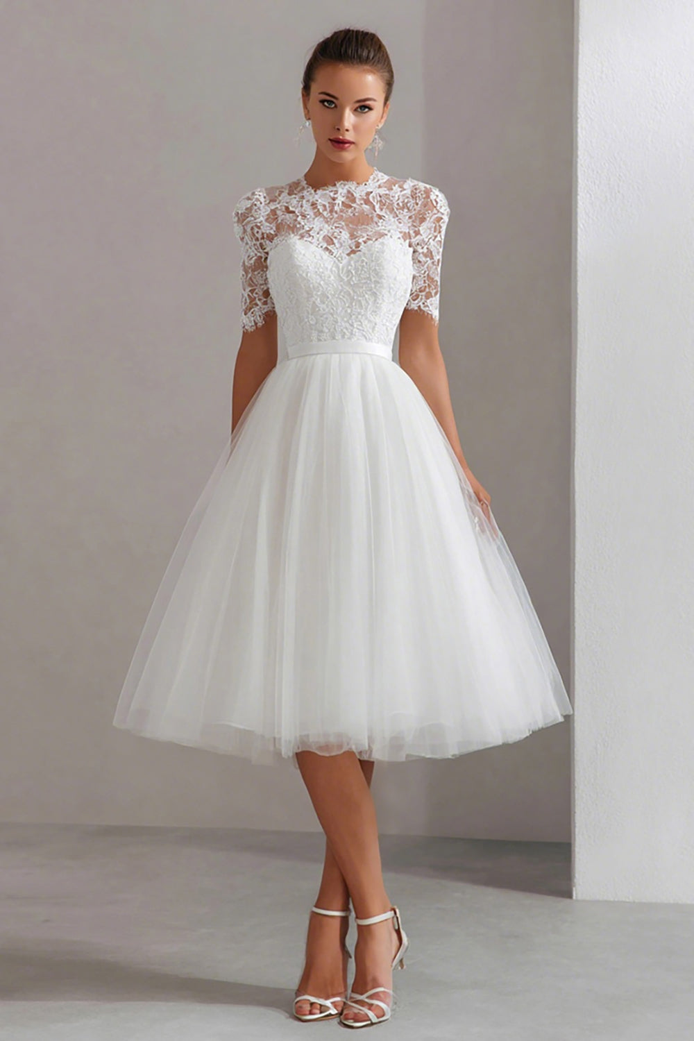 White High Neck A Line Lace Courthouse Wedding Dress