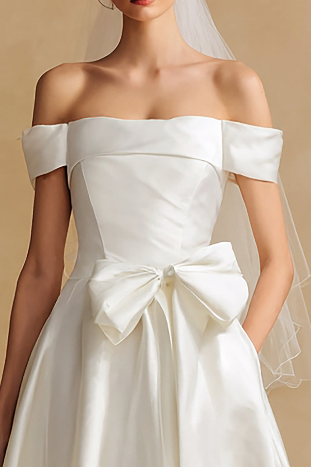 Off-the-Shoulder White A-Line Courthouse Wedding Dress with Bow