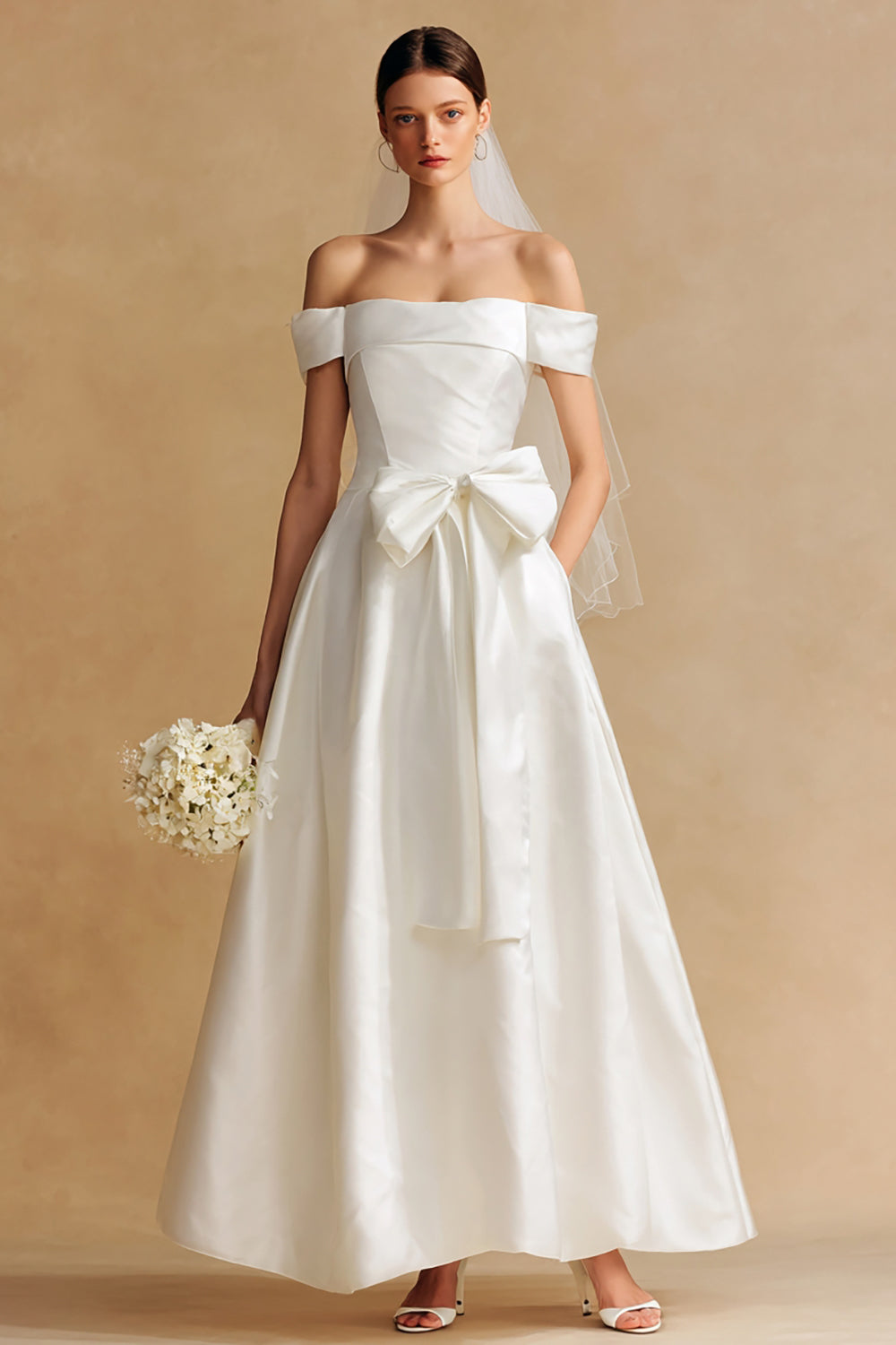 Off-the-Shoulder White A-Line Courthouse Wedding Dress with Bow