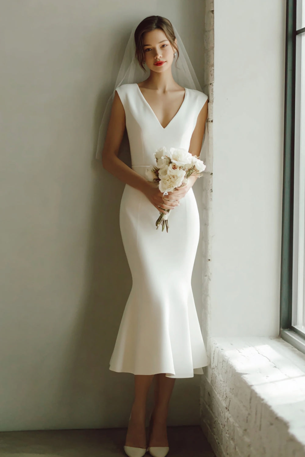 White Mermaid V Neck Midi Courthouse Wedding Dress