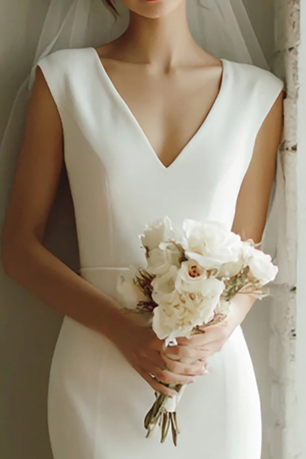 White Mermaid V Neck Midi Courthouse Wedding Dress