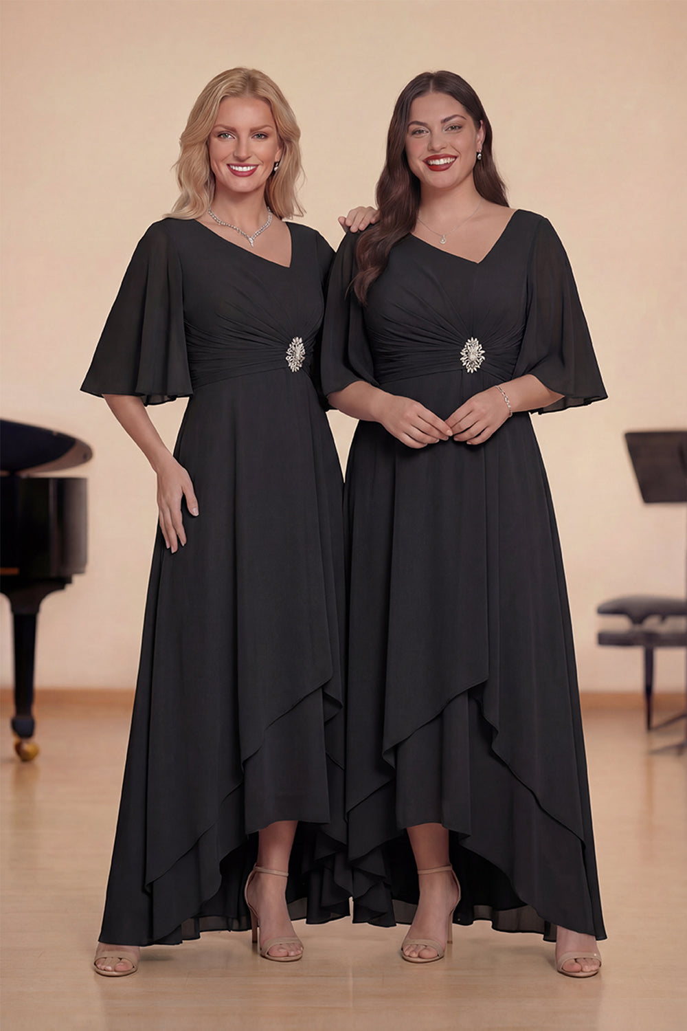 Dusty Blue A Line Half Sleeves Ruched Choir Dress with Lace Up Back