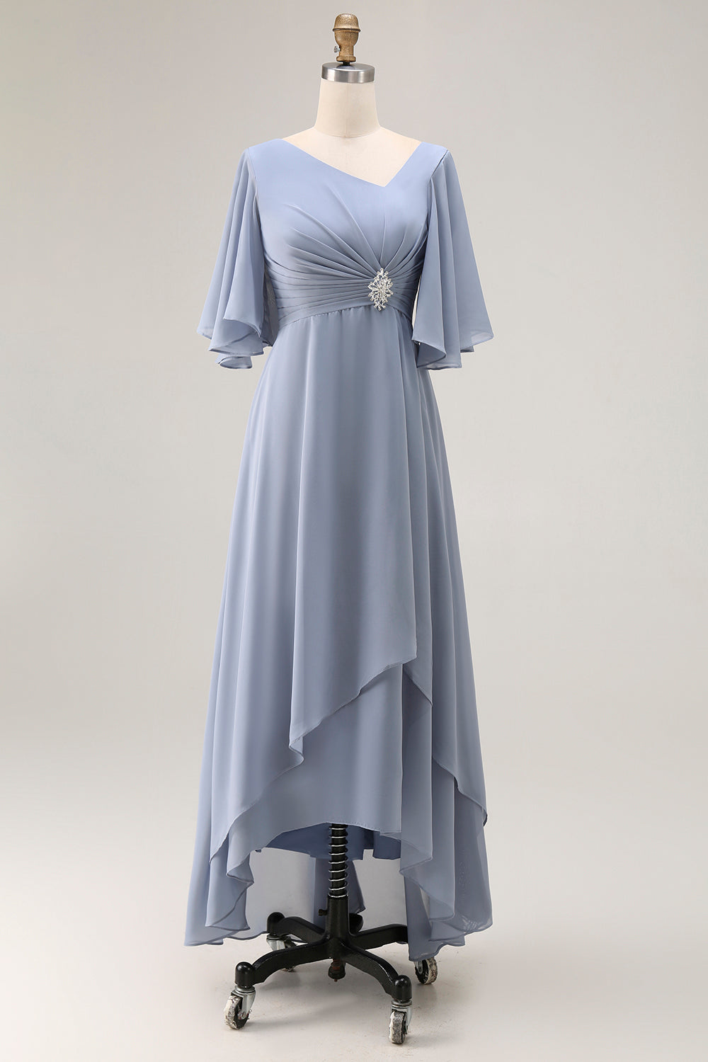Dusty Blue A Line Half Sleeves Ruched Choir Dress with Lace Up Back