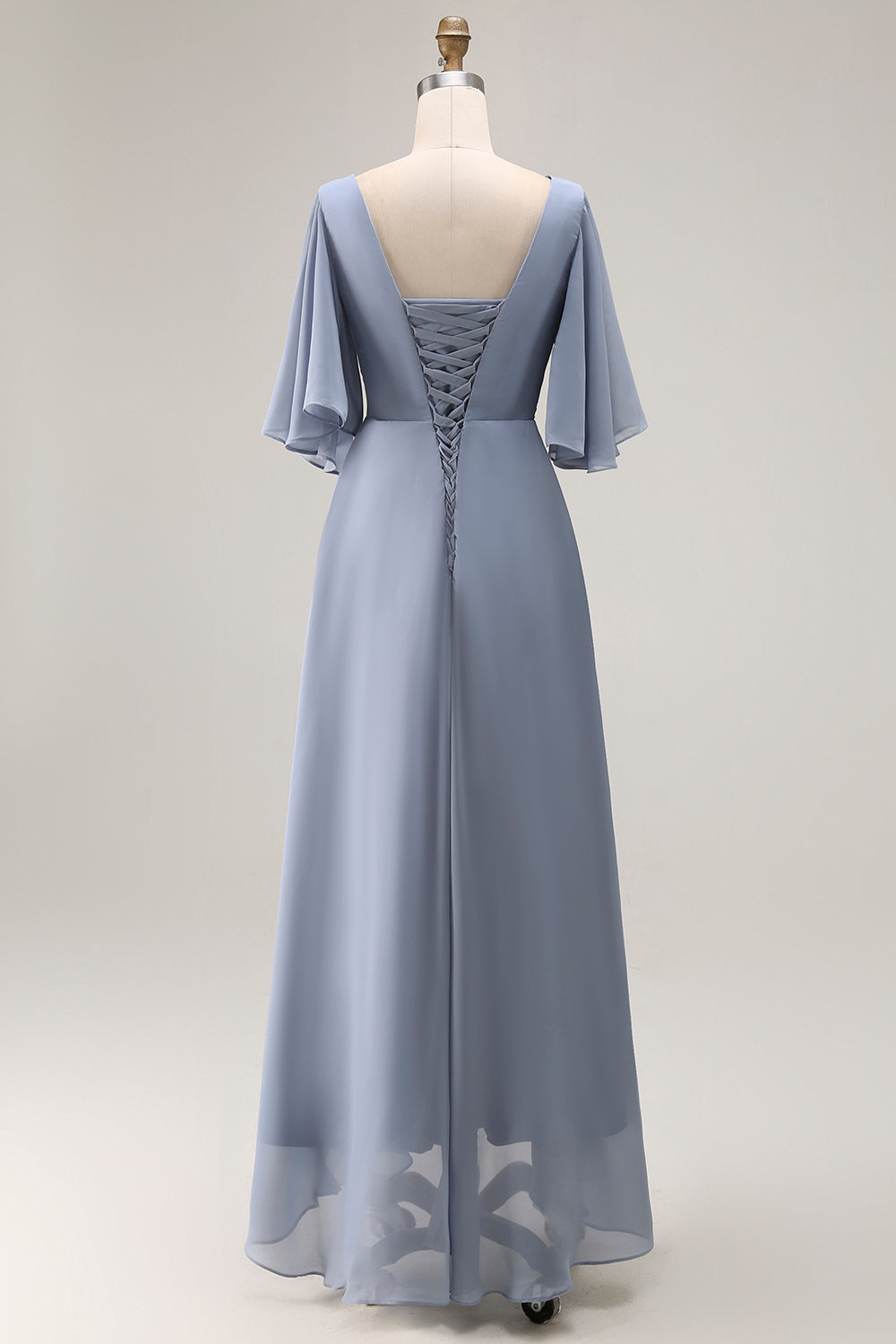 Dusty Blue A Line Half Sleeves Ruched Choir Dress with Lace Up Back