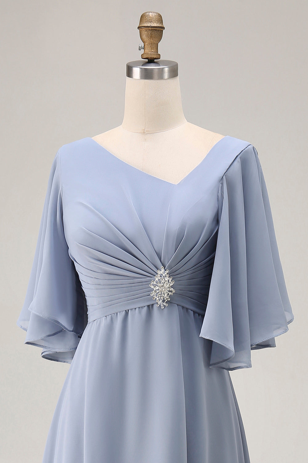 Dusty Blue A Line Half Sleeves Ruched Choir Dress with Lace Up Back
