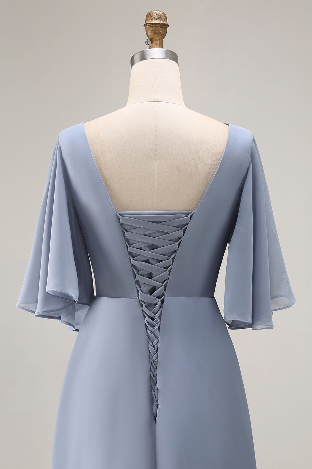 Dusty Blue A Line Half Sleeves Ruched Choir Dress with Lace Up Back