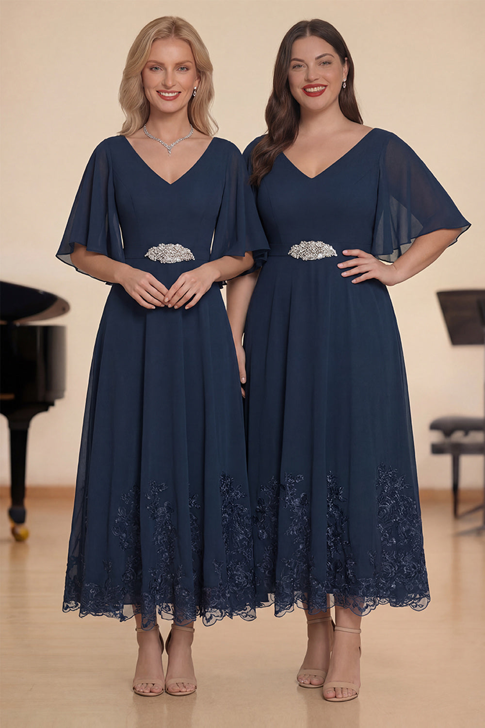 Navy A Line V Neck Long Choir Dress with Embroidery