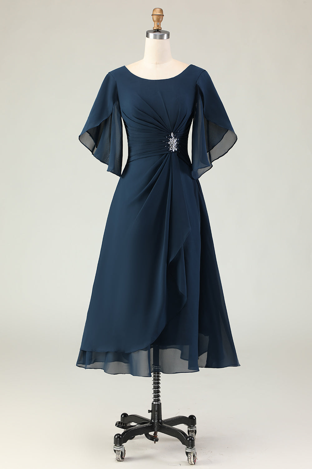 Navy A Line Ruched Chiffon Midi Choir Dress with Beading