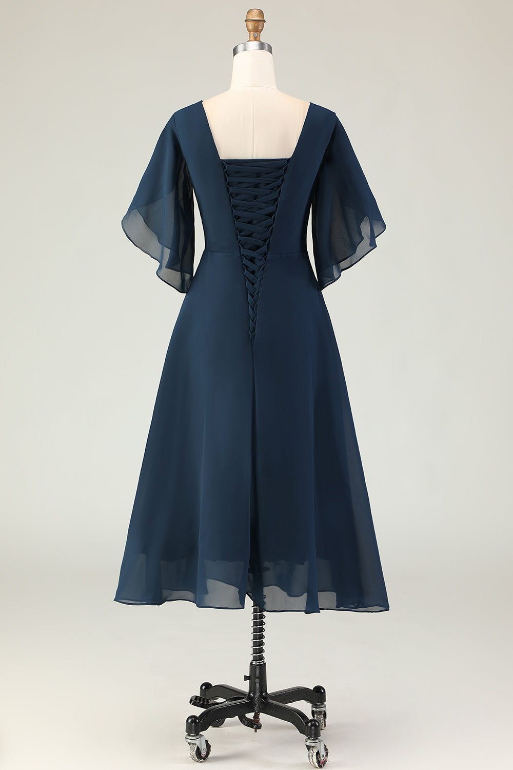 Navy A Line Ruched Chiffon Midi Choir Dress with Beading