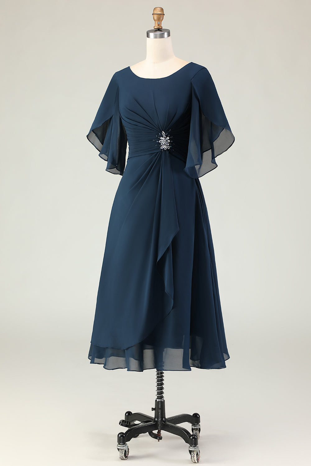 Navy A Line Ruched Chiffon Midi Choir Dress with Beading